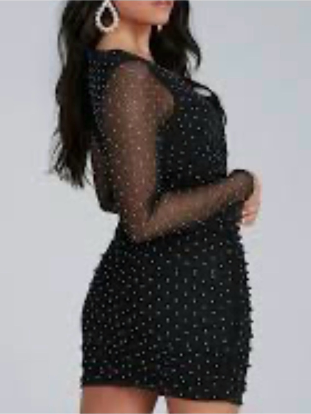 Windsor Black Sheer Long-Sleeve Pearl-Embellished Party Dress
